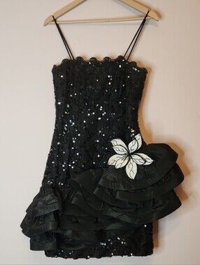 VTG JULIE DUROCHE Sequin Ruffled Party Dress with Floral Accent, 8